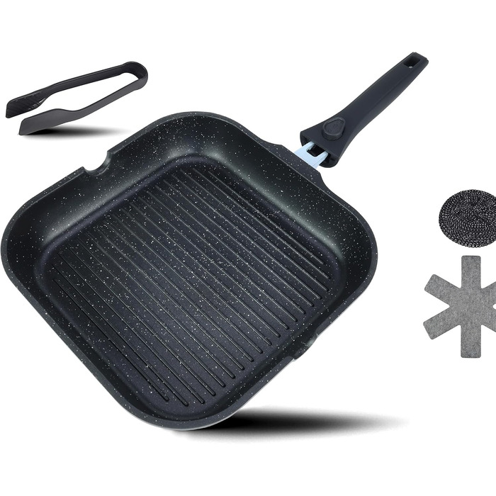 DIVORY Сковорода-гриль 28x28 см з виливом та знімним ручкою - сковорода для стейків на індукційній плиті, з антипригарним покриттям, з лопаткою та захистом для сковороди, чорна