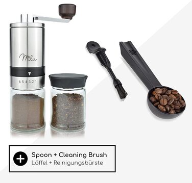 Ручна кавомолка Milu Manuelle – кавомолка для еспресо з керамічним жорном, 6 ступенів помелу, з ложкою та щіткою (срібна)