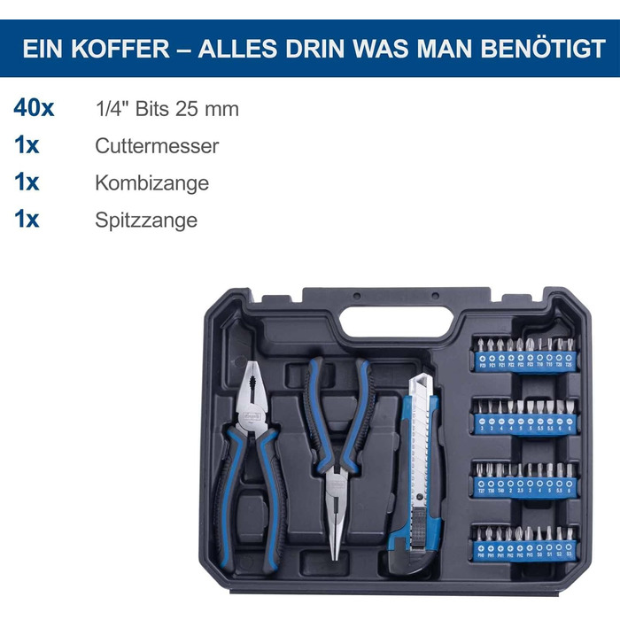 Набір інструментів Scheppach 97 предметів у пластиковому кейсі: викрутки, біти, шестигранники з гумовими ручками