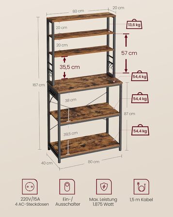 Стелаж кухонний VASAGLE з розетками, 6 полиць, гачки, сталевий каркас, 40 x 80 x 167 см, вінтажний коричневий + чорний, KKS119K06 80B cm