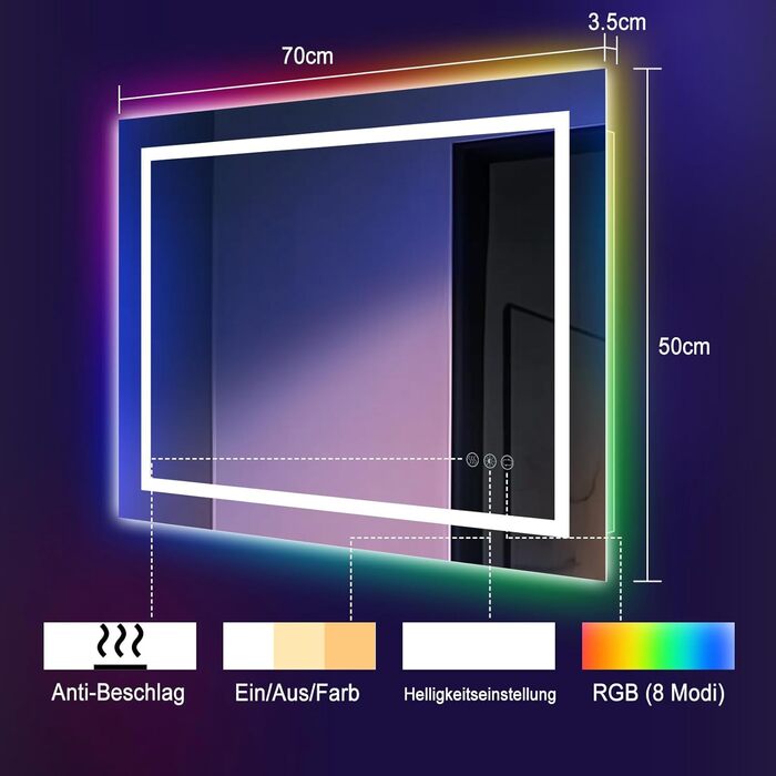 Дзеркало для ванної кімнати зі світлодіодним підсвічуванням 50x70 см, з сенсорним вимикачем