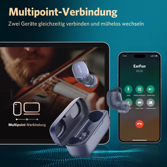 EarFun Free Pro 3 бездротові Bluetooth навушники з шумозаглушенням, Hi-Res Audio, Snapdragon Sound, aptX Adaptive, 6 мікрофонів для HD-дзвінків, Multipoint, акумулятор 33 год, бездротова зарядка, налаштовуваний еквалайзер, сині