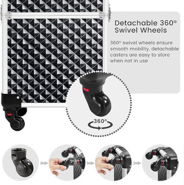 Ягетеч Косметичка-Тролі 4-в-1, Великий Косметичний Ящик для Макіяжу, Закривається на Замок, Багатофункціональний Ящик для Візажистів, Красота з Коліщатками та Висувною Шухлядою (Блискучий Чорний)