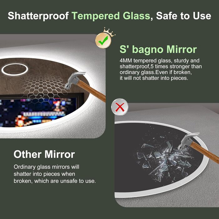Дзеркало для ванної кімнати S'bagno Runder з підсвічуванням 60 см, з функцією запобігання запотіванню, 3 колірні температури, регулювання яскравості, HD скло, функція пам'яті, IP44, Bluetooth, 5-кратна лупа