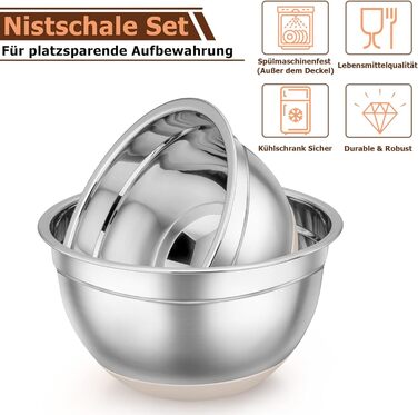 Набір місок TEAMFAR з нержавіючої сталі: салатові міски з кришкою та силіконовим дном, 0.7-6.5 л, (Хакі, 2)