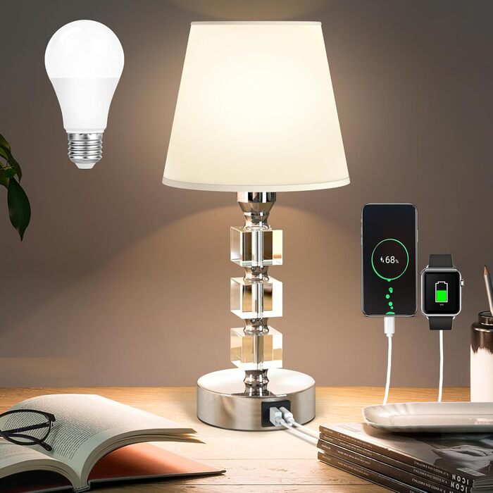 Приліжковий світильник Touch Dimmable, USB AC, 2 світлодіоди, льон, кришталь, білий