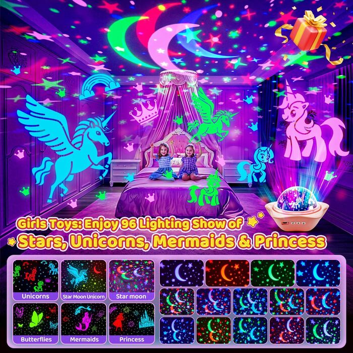 Проєктор зоряного неба One Fire Sternenhimmel для дітей: 96 режимів + 6 фільмів, нічник, обертання 360°, рожевий, з пультом ДУ, подарунок для дівчаток 1-9 років