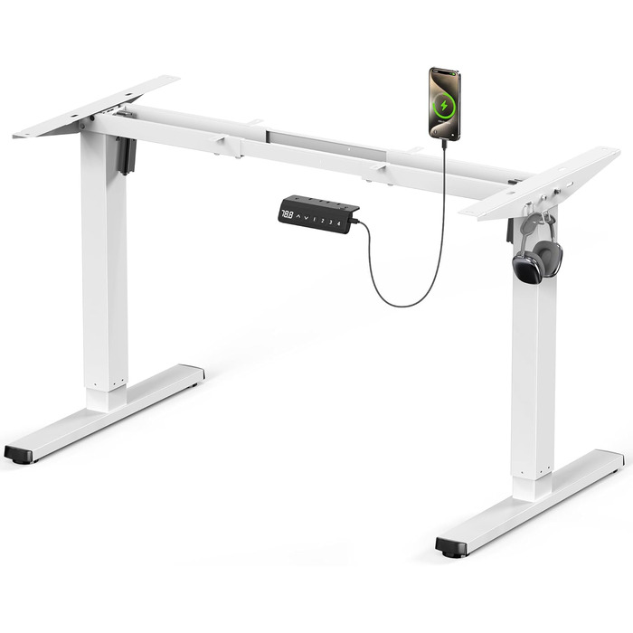 Електричний стіл з регулюванням висоти, білий. Стільниця з USB-C, пам'ять, 2 гачки. Міцний, з двома моторами