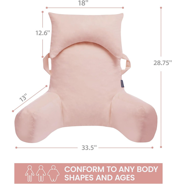 Портативне подушкове крісло для читання з підголовником (Oeko-Tex), м'яке крісло з підлокітниками та кишенями для дорослих, зручне ліжко-подушка з memory foam для гуртожитку (Рожевий, Преміум Великий)