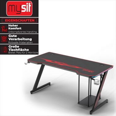 Ігровий стіл MY SIT Titan 140 см з підсвічуванням LED, тримачем для навушників, тримачем для ПК та напоїв, кабельною організацією, чорний