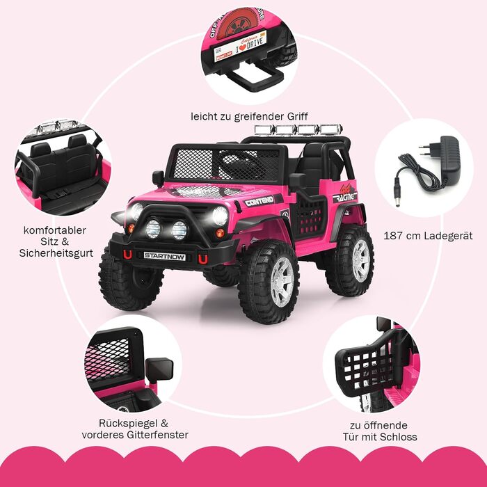 Дитячий електромобіль COSTWAY 12V, музика, USB, MP3, радіо, 3 швидкості, дистанційне керування, рожевий, для дітей від 3 років