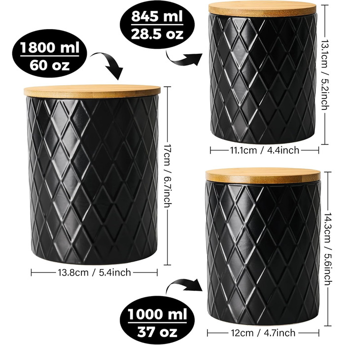 Набір з 3 вазочок для зберігання Miamio Palmanova, кераміка з дерев'яним кришкою, білий та чорний