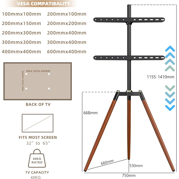 Штатив-телевізійна стійка ETHU для телевізорів 32-65 дюймів (Curved LED) | Регульована висота, поворот 140°, VESA до 600x400 мм, вантажопідйомність 40 кг, коричневий