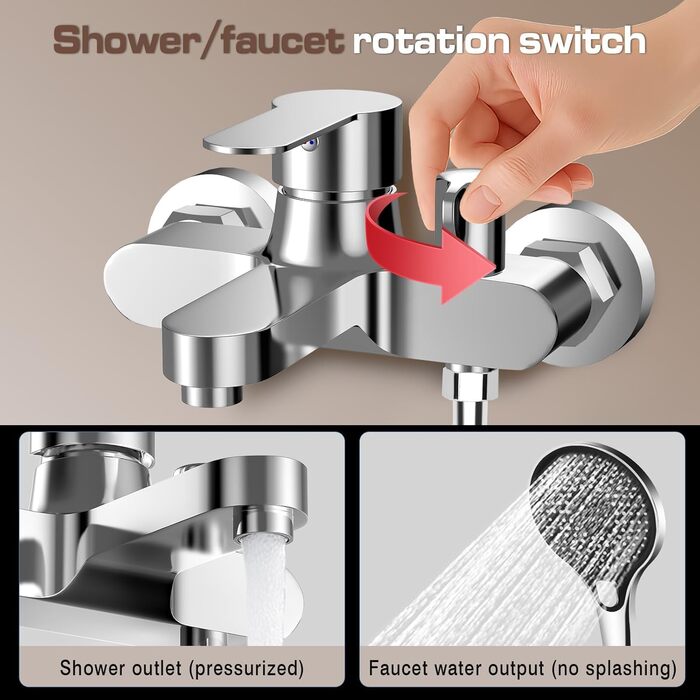 Набір для ванни з душовою лійкою та змішувачем, хром, латунь, 3 функції, настінний монтаж 150 мм