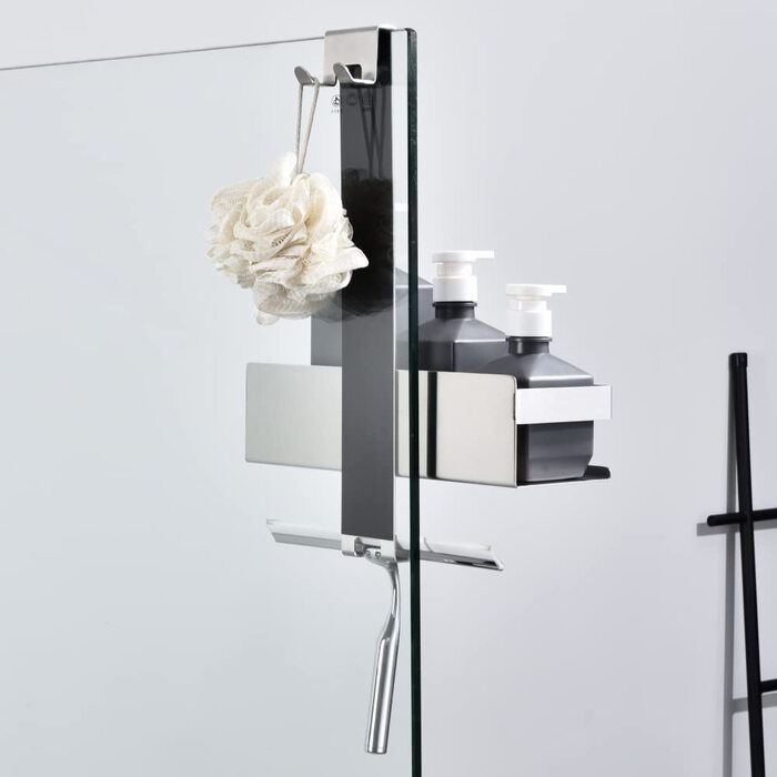 Настінна поличка для душу з нержавіючої сталі з гачками, H30BN-1DH, 1 відсік, з полірованим нікелем