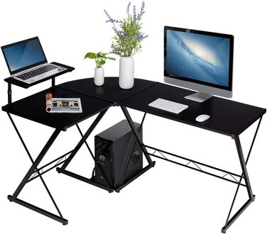 Дерев'яний комп'ютерний стіл COSTWAY L-подібний, кутовий стіл з підставкою для монітора та відділенням для зберігання, компактний стіл для офісу, кабінету, спальні, 147 x 112 x 79 см (чорний)