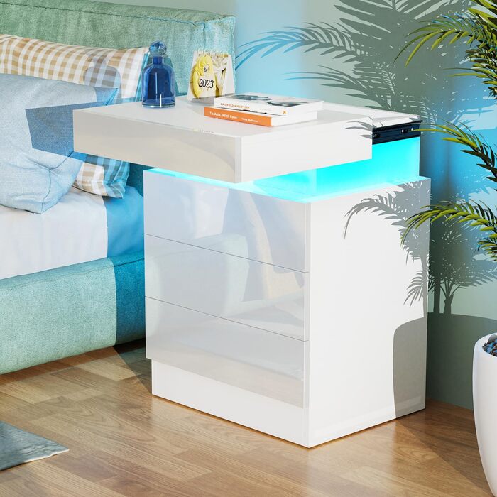Нічний столик білий з екошкірою, 3 висувні ящики та шафка з відкидною кришкою, 45x35x61 см