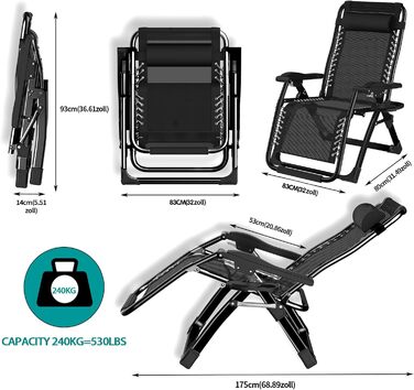 Розкладний шезлонг для відпочинку: зручний садова крісло з регульованою спинкою, 200 кг, чорний