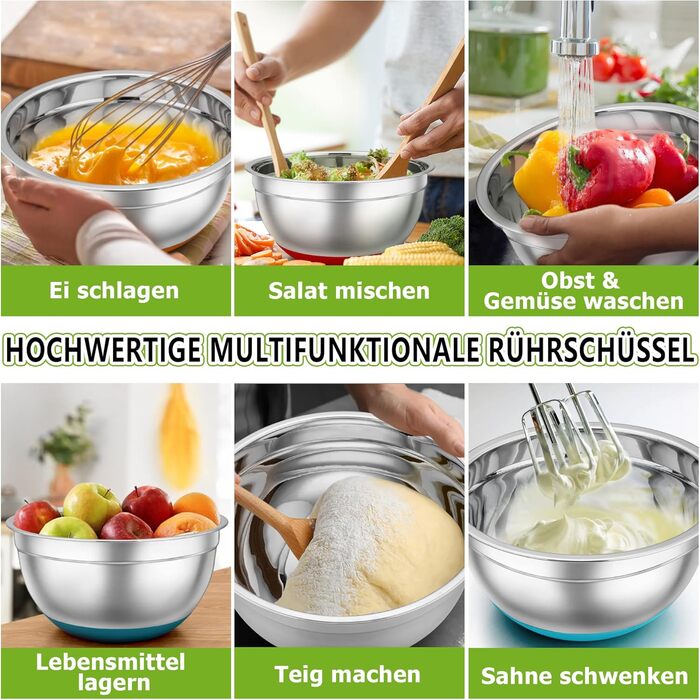 Набір салатниць TEAMFAR 6 шт. з нержавіючої сталі з кришками та силіконовими ніжками, 0.7L/1.5L/1.6L/2.5L/2.8L/4.6L