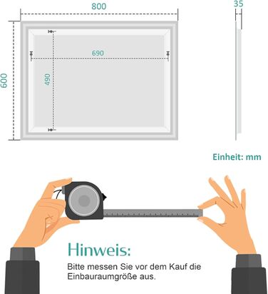 Дзеркало для ванної кімнати EMKE з підсвічуванням 80x60 см, LED, з датчиком руху, сенсорне, проти запотівання, 3 кольори світла, регулювання яскравості, таймер 1 год, IP44, енергозберігаюче