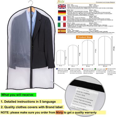 Сумка для одягу niviy з 6 предметів, високоякісна сумка для одягу, прозора дихаюча тканина 60x100 см, для костюмів, пальто, піджаків, сорочок, вечірніх суконь, сумка для костюмів, чохол для одягу (чорний, 60x160 см)