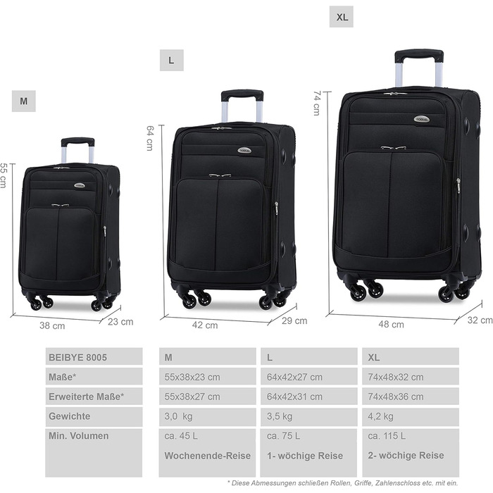 Набір валіз Beibye: великий, середній, маленький з замком, чорний (M+L+XL)