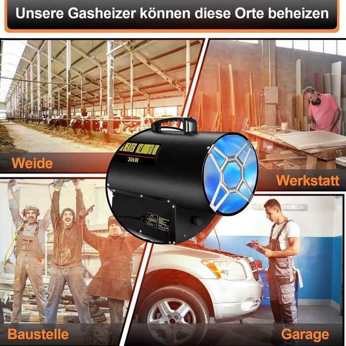 Газова теплова гармата для приміщень Ikodm, 30 кВт, 220V, 320 м³/год, з газовим шлангом 1,2м та редуктором тиску 700 мбар