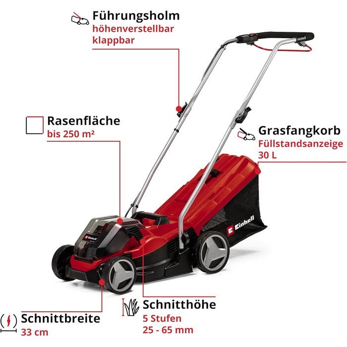 Акумуляторний газонокосарка Einhell GE-CM 36/33 Li Kit Power X-Change (36 В, ширина косіння 33 см, до 250 м², кошик 30 л, висота стрижки 25-65 мм, 2 x 2.5 Ah акумулятори + 2 зарядні пристрої)
