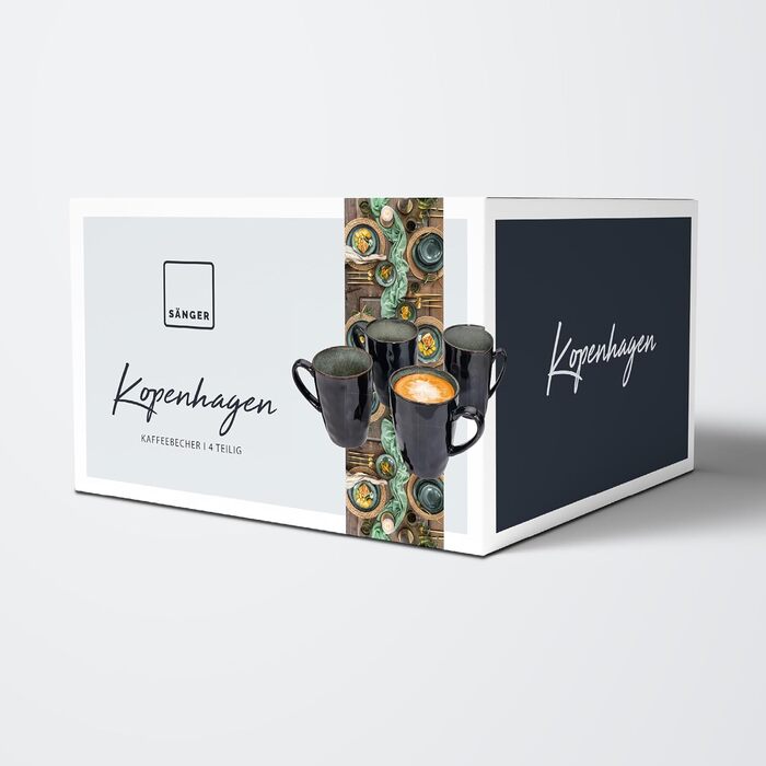 Набір кавових чашок SÄNGER Kopenhagen 8 шт., кавовий сервіс на 4 особи, чашки та блюдця, безпечні для миття в посудомийній машині, з кераміки, сірий колір з зеленою внутрішньою стінкою, 200 мл | PREMIUM COLLECTION