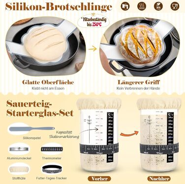 Набір для закваски та випікання хліба: 2 корзини (25см та 23см), скляна тара для закваски, для початківців та професіоналів, сірий