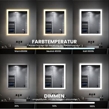 LED дзеркало для ванної кімнати з підсвічуванням | Вологостійке (IP54) | Сенсорне керування | 60x50 см | Вертикальна/Горизонтальна установка