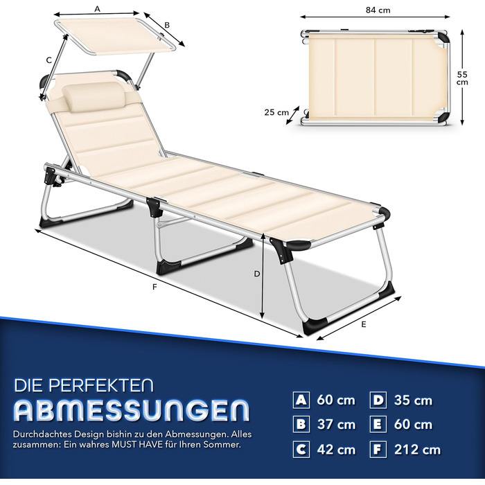 Сонячне ліжко Tillvex® з дахом та подушкою для голови | Садова лежанка, розкладний шезлонг | Пляжний лежак з регульованою спинкою | Алюмінієве ліжко (ліжко з преміум-подушкою, бежеве)