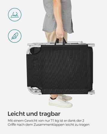 Лежак для відпочинку SONGMICS, розкладний, 193 x 53 x 29 см, до 150 кг, захист від сонця, подушка, регульована спинка, для саду, басейну, тераси (Чорний)