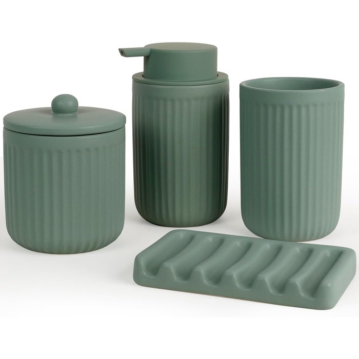 Набір аксесуарів для ванної кімнати 4 шт. з кераміки: дозатор для мила 350 мл, стакан для зубної пасти, мильниця, контейнер для ватних паличок. Декоративний набір для раковини (зелений)