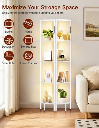 LED торшер з полицею, 3 режими світла, димування (сенсор/пульт), кутова полиця 5-рівнів, вузький книжковий стелаж для вітальні, спальні, офісу (білий)