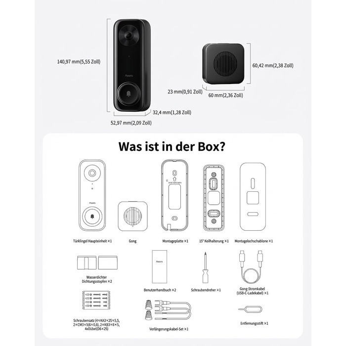 Aqara G400 Відеодзвінок з Chime, 2K HD, PoE/Кабель, HomeKit, Розпізнавання, IP65