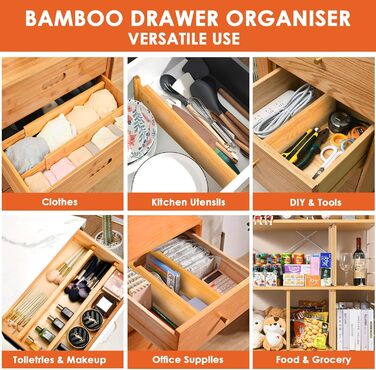 Органайзери для шухляд MUUKAIII: набір 6 шт. з бамбука, регульовані (43-56 см), для кухні та шафи - білий (натуральний)