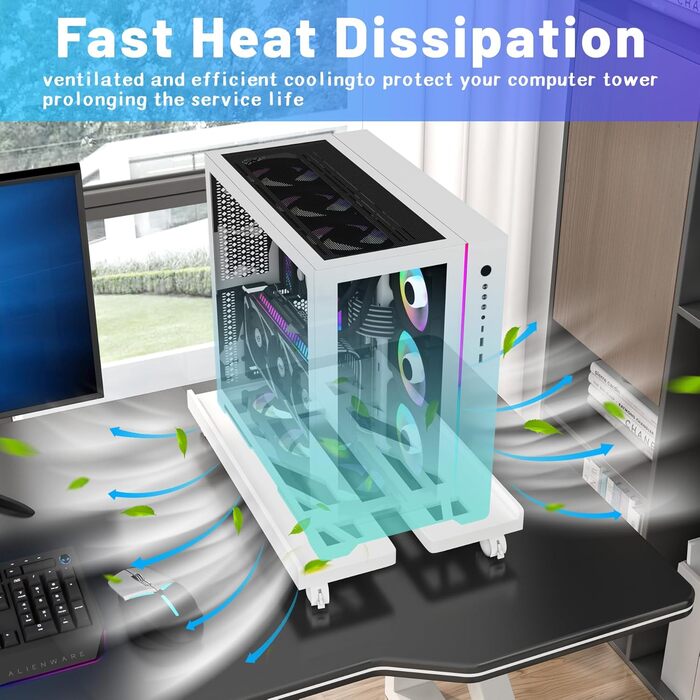 Підставка для комп'ютера на колесах, мобільна підставка для CPU, універсальна, білий колір