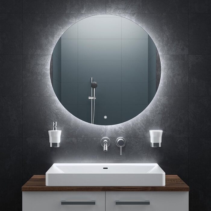 Дзеркало для ванної кімнати BR Bringer LED, діаметр 80 см, з підсвічуванням, протизапітнінням, регулюванням яскравості, енергозбереженням, 3 кольори світла, сенсорне керування та функція пам'яті (BRRS201)