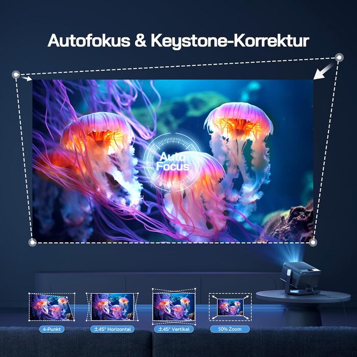 Міні проектор WOLFANG 4K з автофокусом та корекцією трапеції, 28000 люмен, WiFi 6, Bluetooth, для домашнього кінотеатру, 180° підставка, підтримка iOS/Android, для показу на вулиці