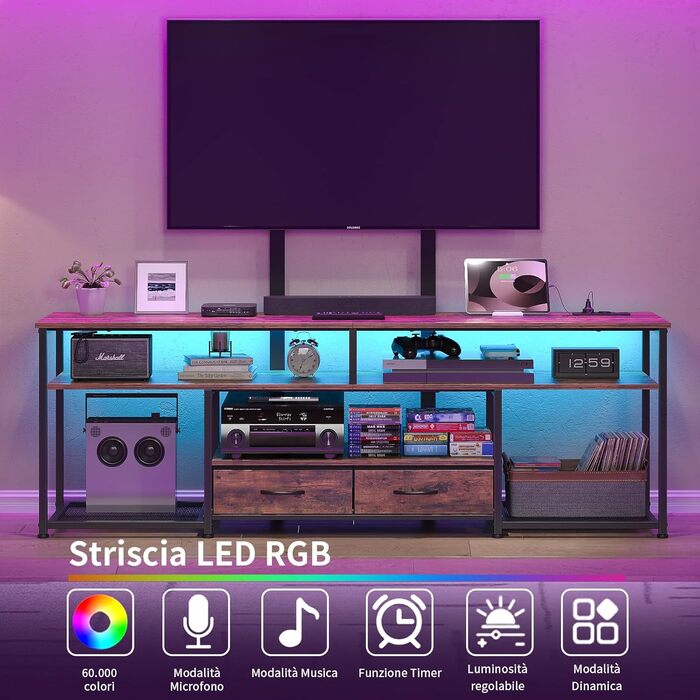 Тумба під телевізор FUSOU з підсвічуванням LED, 2 шухляди, 5 відкритих полиць, для телевізорів до 70 дюймів, вінтажний дизайн, коричнево-чорний колір