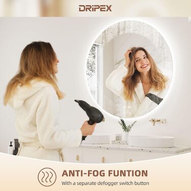 Дзеркало для ванної кімнати Dripex LED з підсвічуванням, кругле, сенсорне управління, регулювання яскравості, 3 кольори світла, запобігання запотіванню, 80x80 см