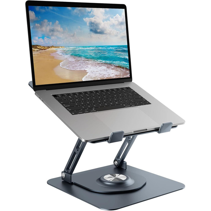 Підставка для ноутбука з поворотним основанням на 360°, регульована по висоті, ергономічна, з вентиляцією, складана, стабільна, з алюмінію, для столу (темно-сіра)