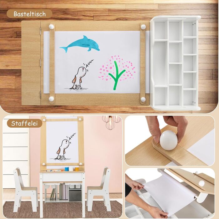 Детский стол Dreamade 3 в 1 с 2 стульями из дерева, стол для рисования с откидной столешницей и 2 тканевыми ящиками & рулон бумаги, детская мебель с хранением для детской комнаты (Натуральный, с 7 секциями)