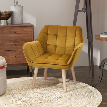Крісло-шезлонг, акцентне крісло, скандинавський дизайн, оксамитова текстура, до 120 кг, ніжки з каучукового дерева, жовтий