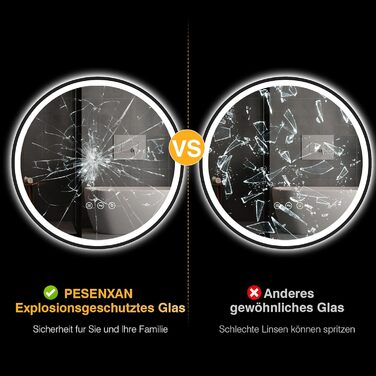 Дзеркало кругле PESENXAN 70см з підсвічуванням та чорним каркасом. Антизапарник, регулювання яскравості, 3 кольори світла, LED, сенсорне управління, функція пам'яті. Розміри: 70x70 см