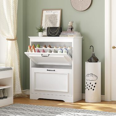 Шкаф для взуття Brinlawb білий з шухлядою, полицями та перегородками для 14-18 пар, для передпокою, вітальні