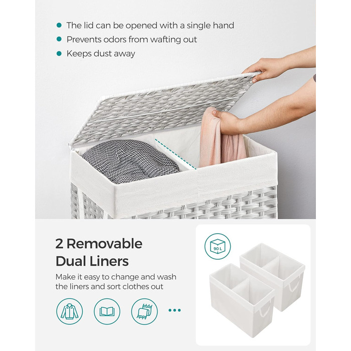 Кошик для білизни Songmics з кришкою, 90 л, з 6 мішечками, з плетеного ротанг, для ванної кімнати, 33 x 46 x 60 см