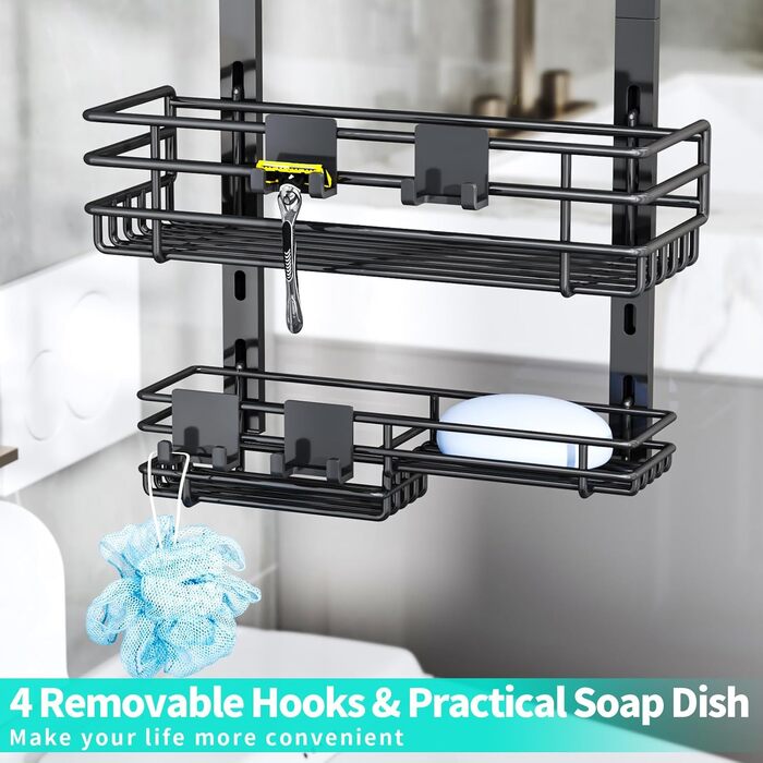 Дзеркальна поличка для душу HapiRm на двері з 22 гачками та тримачами для зубних щіток - 5 ярусів (Чорний)