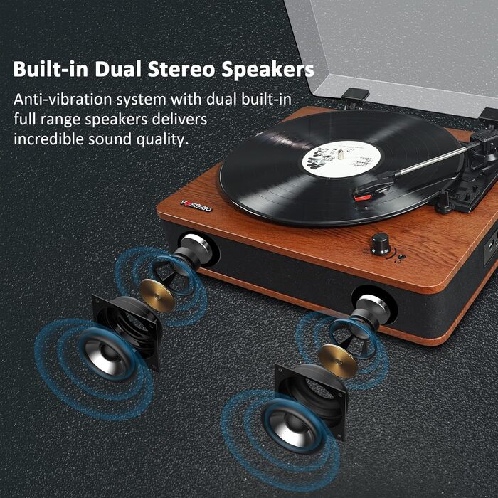 Програвач вінілу VOSTERIO з Bluetooth, Hi-Fi стереодинаміками, ретро дизайн, 3 швидкості, FM-радіо, USB, TF, Aux-In, RCA, LED-дисплей, функція перетворення вініл-у-MP3